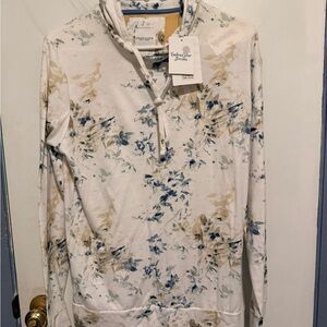 Denim & Flower Cream Floral Pullover Hoodie with Blue Accents